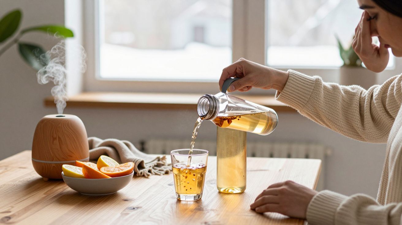 Mulher servindo chá em copo de vidro sobre mesa de madeira com difusor e prato de frutas.