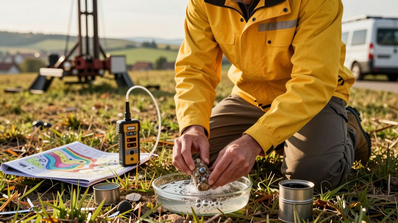 Cientista em campo aberto analisando amostra de solo com equipamentos, mapas e bandeja de água.