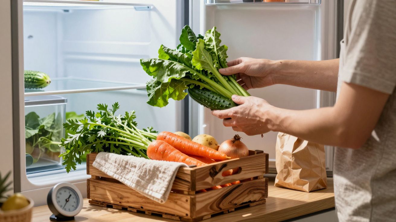 Pessoa colocando verduras em caixa de madeira na frente da geladeira aberta.