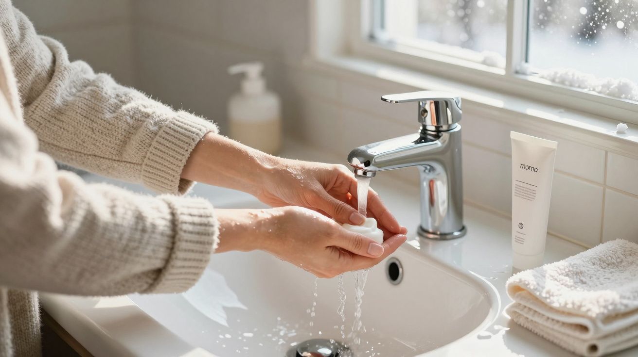 Pessoa lavando as mãos em pia de banheiro moderno com sabonete líquido.