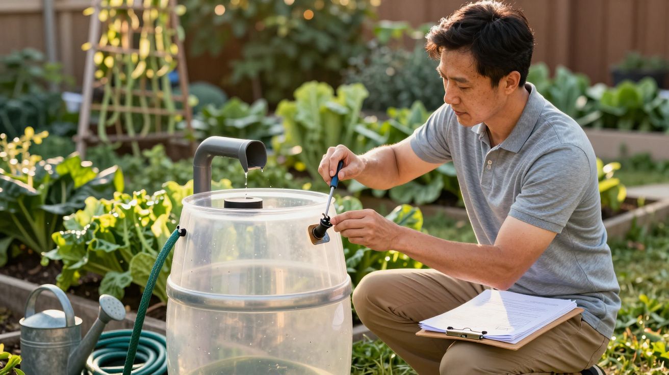Homem ajustando sensor em barril de chuva em horta, com prancheta ao lado. Mangueira e regador visíveis.