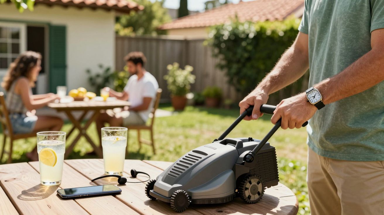 Homem segura mini cortador de grama em mesa com limonada, enquanto casal está ao fundo em jardim.