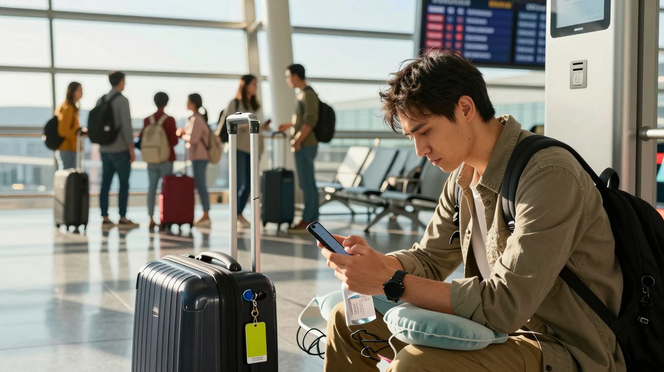 Jovem sentado no aeroporto usando celular, com mala ao lado; ao fundo, pessoas em frente ao painel de voos.