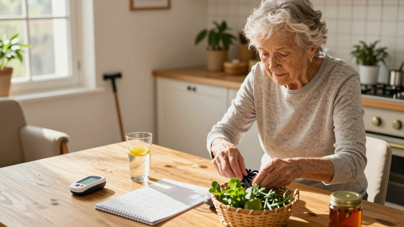 Idosa cortando verduras na cozinha, com copo de água, bloco de anotações e monitor de glicose na mesa.