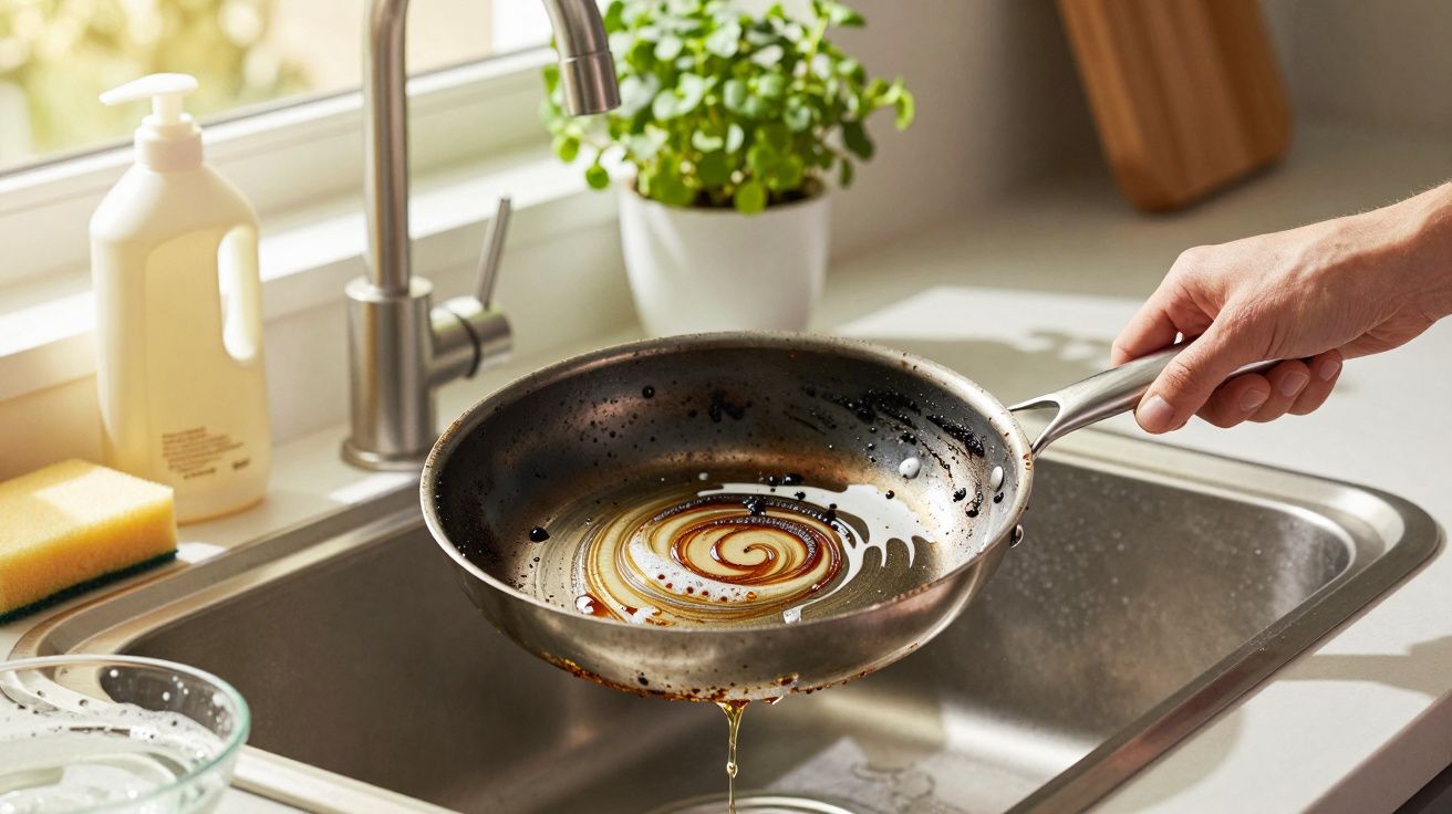 Pessoa segurando frigideira suja sobre pia da cozinha com óleo escorrendo. Planta e detergente ao fundo.