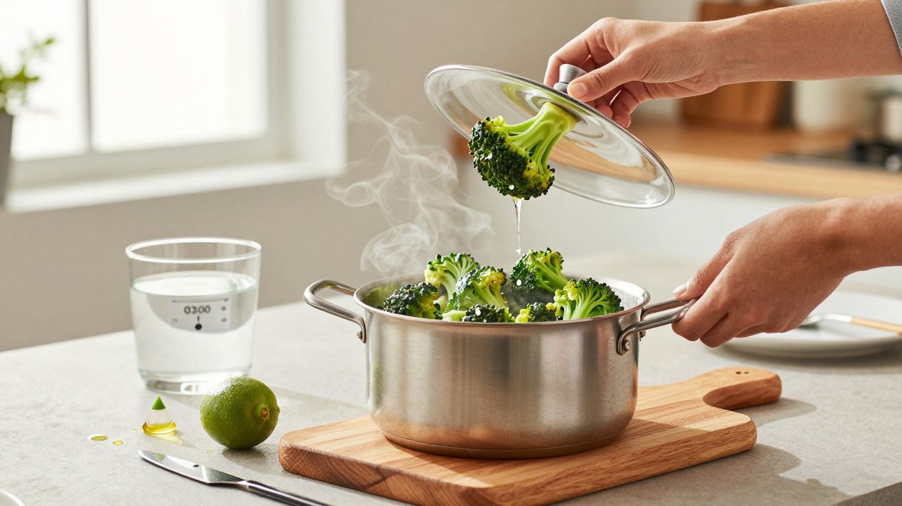 Pessoa cozinhando brócolis em panela de inox, sobre tábua de madeira, ao lado de copo d'água e limão.