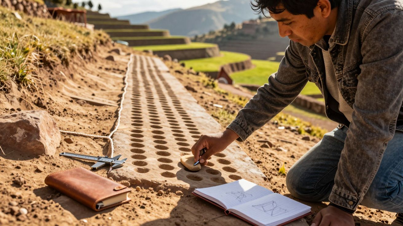 Homem agachado desenhando em caderno ao lado de terreno com perfurações em área rural montanhosa.