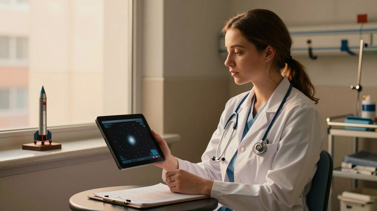 Médica com jaleco e estetoscópio, segurando tablet com imagem espacial, ao lado de foguete em miniatura na janela.