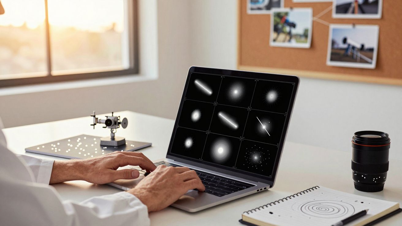 Pessoa usando laptop com imagens de astros no escritório com lente e caderno ao lado.