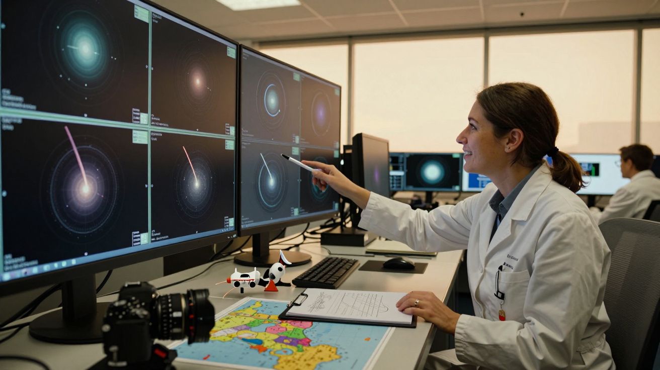 Cientista em laboratório, analisa gráficos espaciais em múltiplas telas, rodeada por mapa e equipamentos de trabalho.