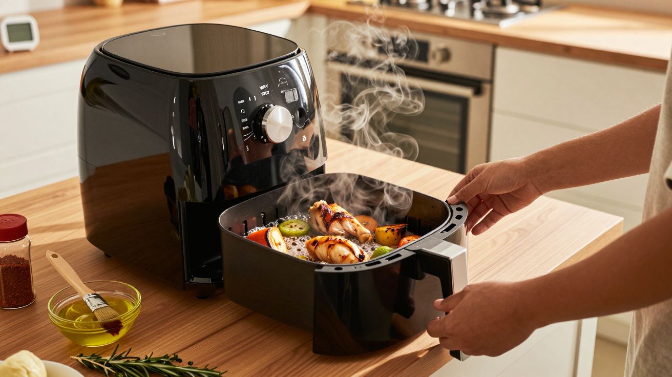 Pessoa retirando cesta de fritadeira elétrica com alimentos grelhados em uma cozinha moderna.