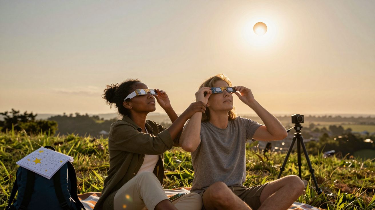 Casal assiste a um eclipse solar usando óculos de proteção, sentados em um gramado com equipamento de câmera ao lado.