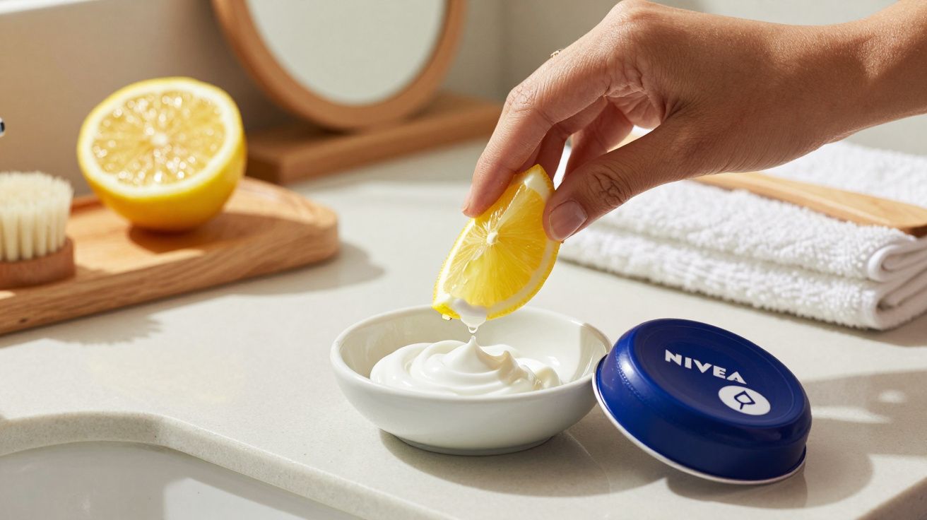 Mão espremendo limão sobre creme em pote de porcelana branca, com tampa azul da marca ao lado, em bancada de banheiro.