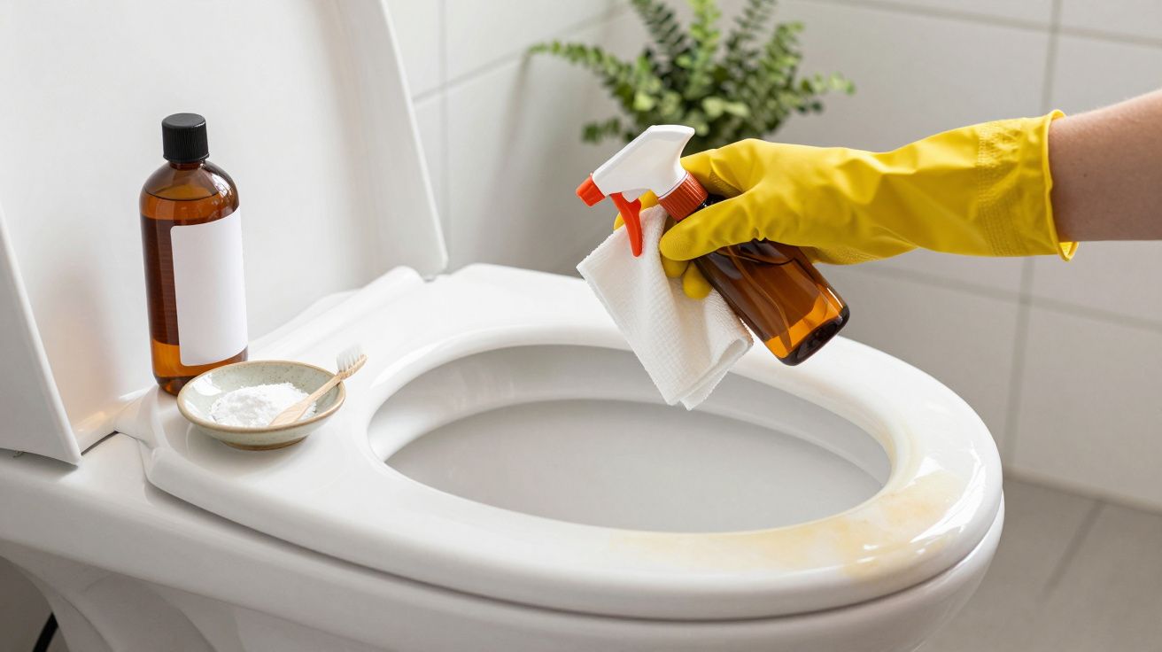 Mão com luva amarela limpa vaso sanitário com spray e pano; frasco e prato com pó estão ao lado.