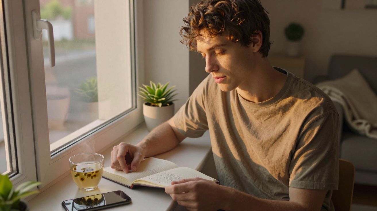 Homem lendo livro em mesa perto da janela, com chá e celular ao lado, plantas no fundo.