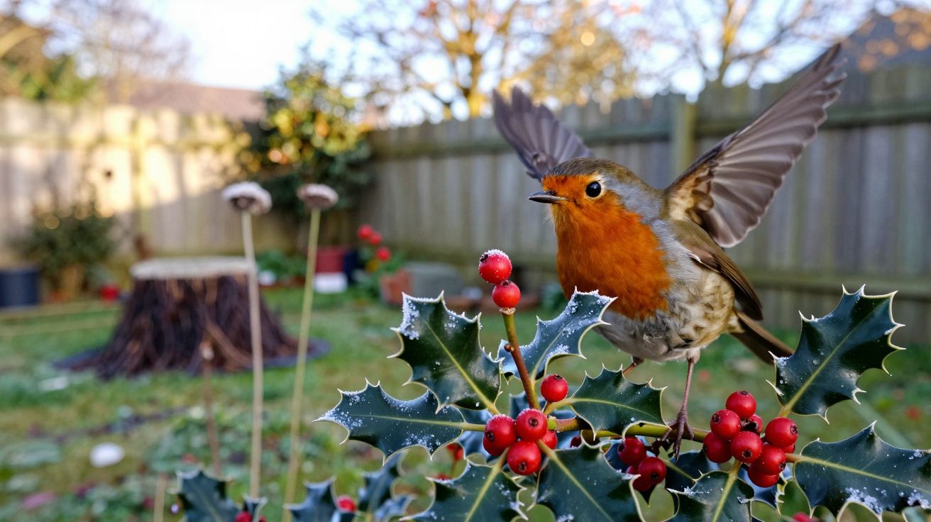 Pardal pousado em um galho de azevinho com bagas vermelhas, asas abertas, em um jardim com cerca ao fundo.