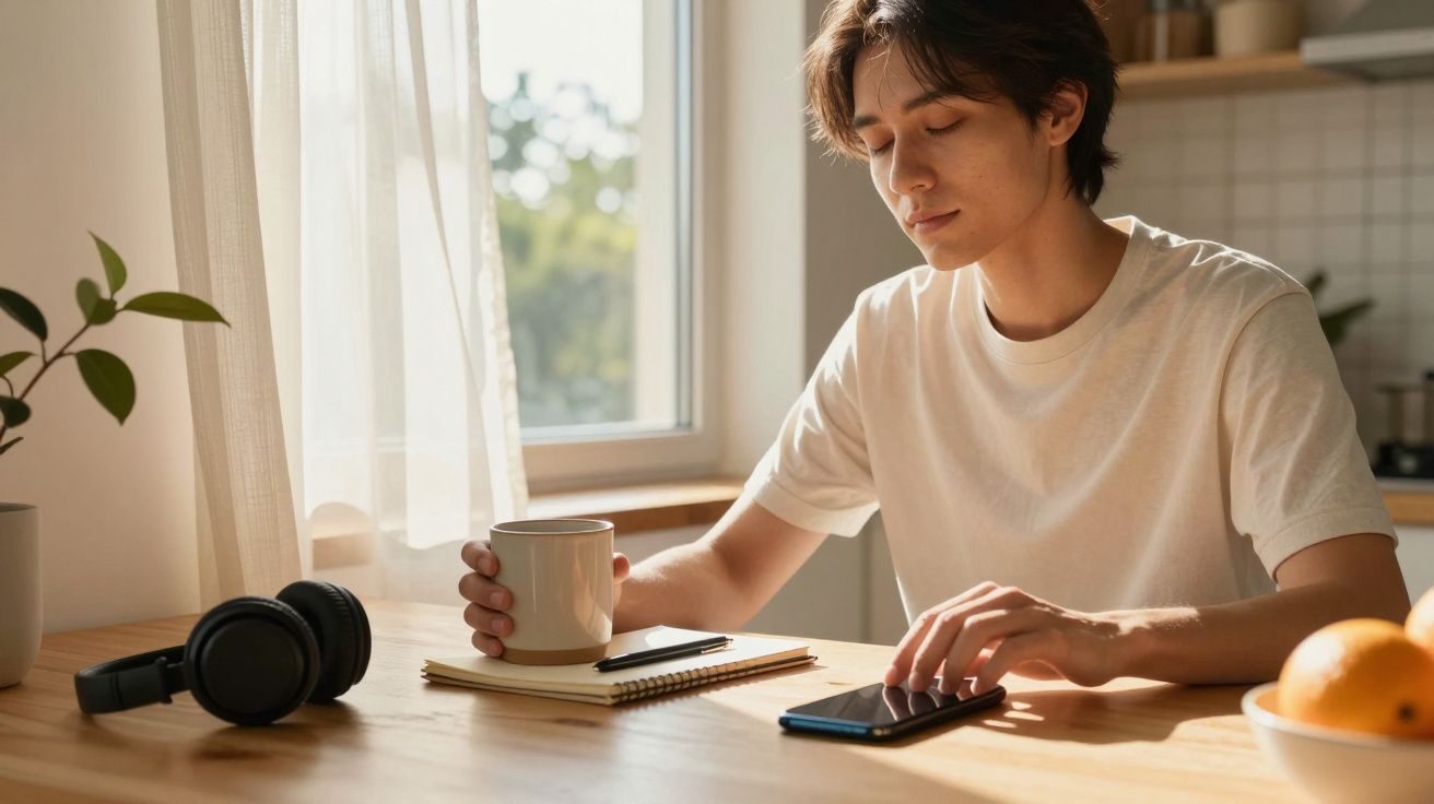 Homem sentado à mesa, segurando xícara de café, próximo a fones de ouvido, celular e bloco de anotações, em ambiente iluminad