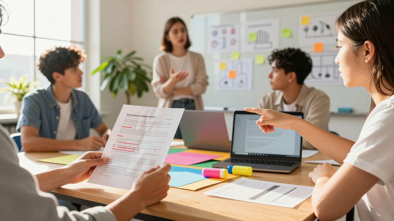 Grupo de pessoas em reunião, discutindo documentos e utilizando laptop em sala com quadro branco.