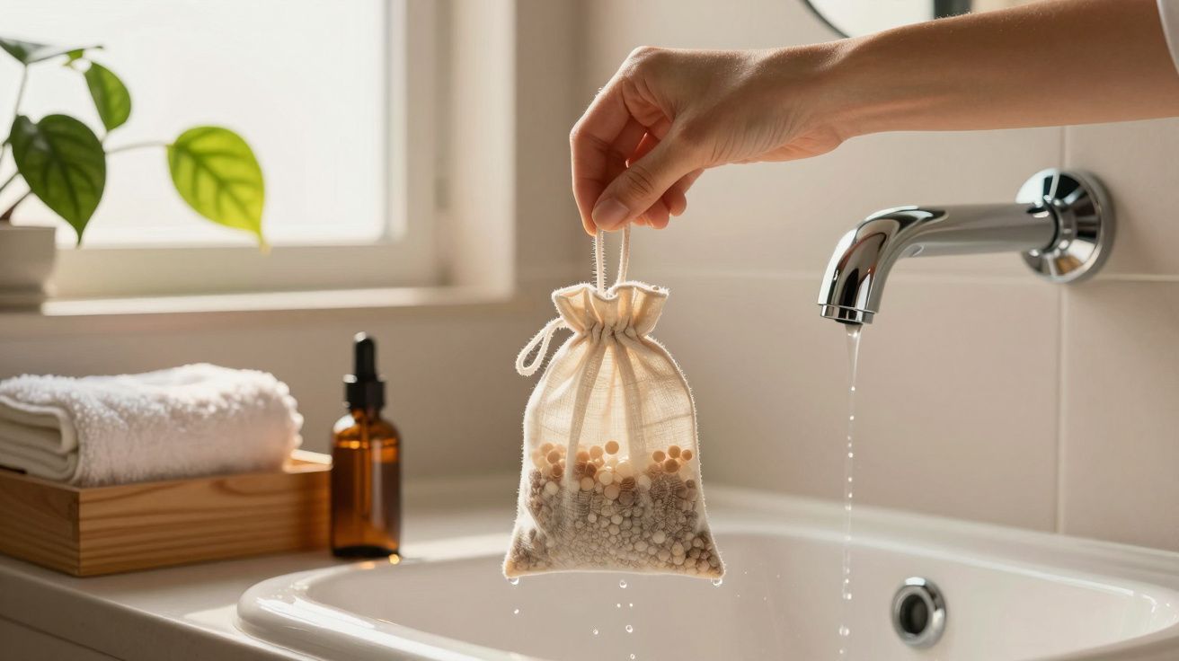 Mão segura saquinho de pedras sob a torneira em pia de banheiro com toalha e frasco ao fundo.