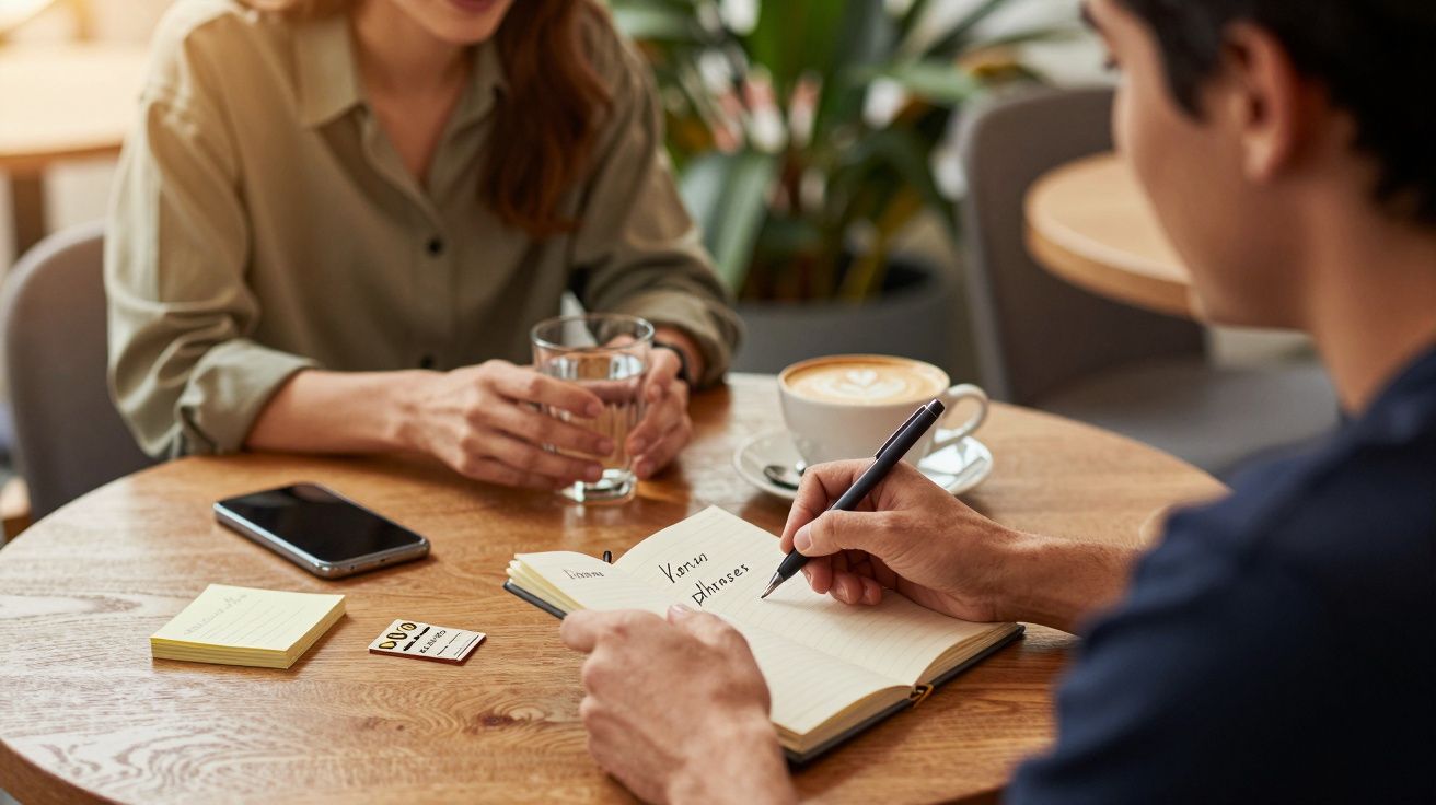 Homem escreve em caderno em café, enquanto mulher segura copo d'água; celular e café sobre a mesa.