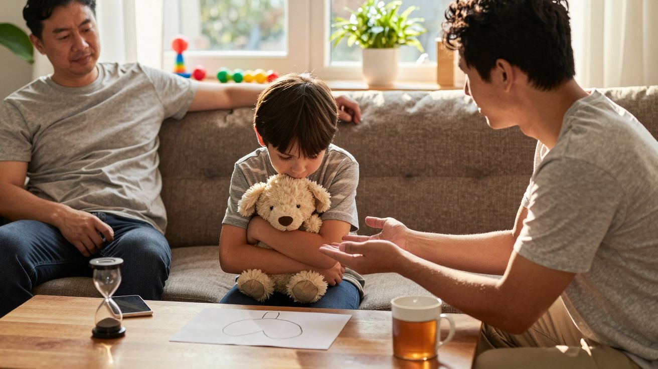 Menino abraçando urso de pelúcia entre dois homens no sofá, com desenho de coração na mesa em sala bem iluminada.