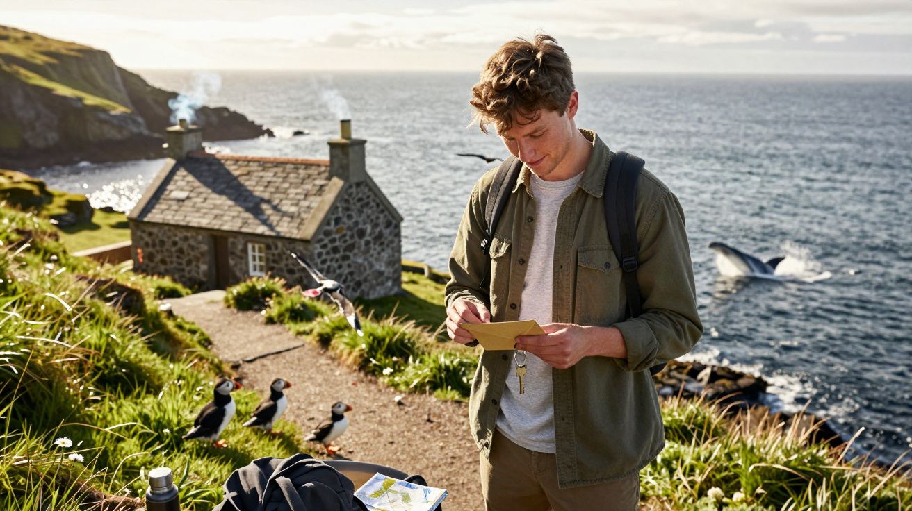 Homem com mochila observa um mapa em cenário costeiro com casa de pedra, papagaios-do-mar e baleia ao fundo.