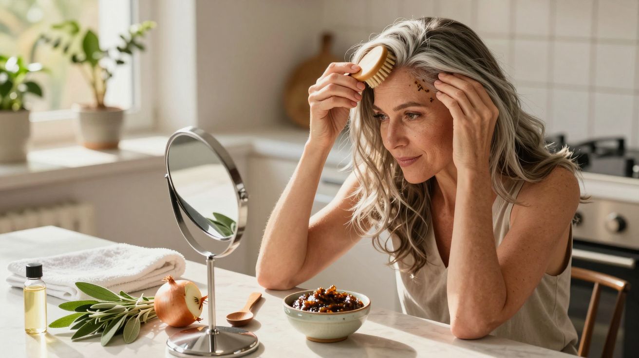 Mulher aplica máscara capilar no cabelo grisalho, com escova e espelho na cozinha iluminada por luz natural.