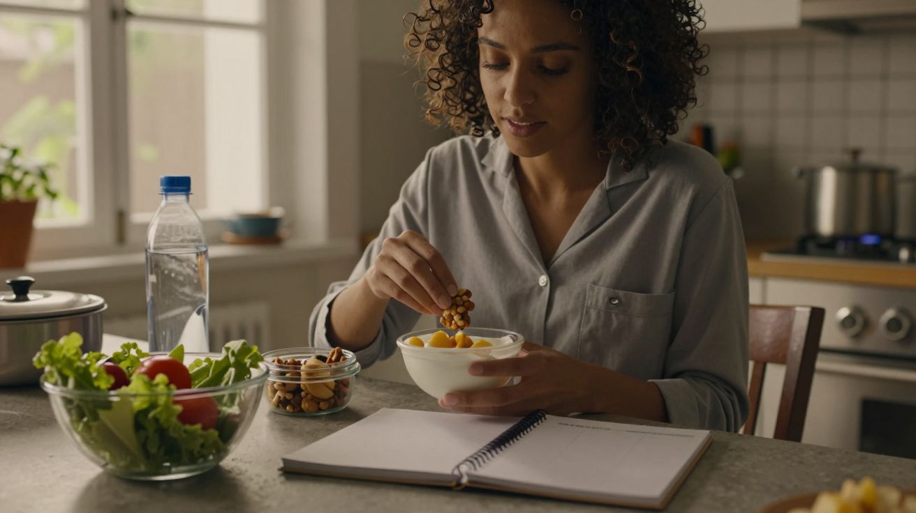 Mulher sentada à mesa, comendo salada de frutas. Ao lado, uma garrafa de água, caderno aberto e tigela de salada.