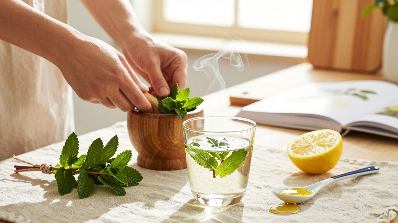 Mãos preparam chá de ervas frescas, com limão, mel e pilão sobre mesa, ao lado de livro aberto.