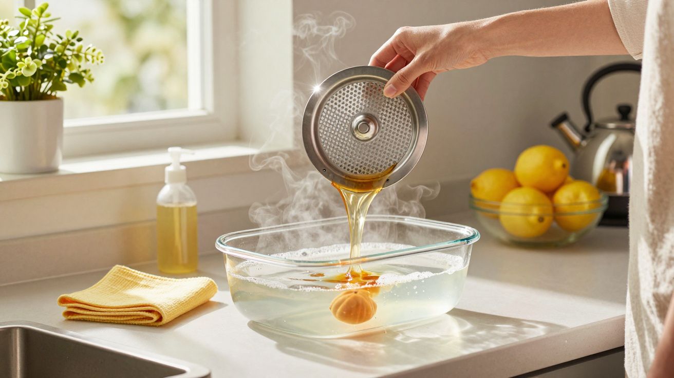 Pessoa despejando mel em tigela de água quente na cozinha, limões ao fundo e toalha amarela ao lado.