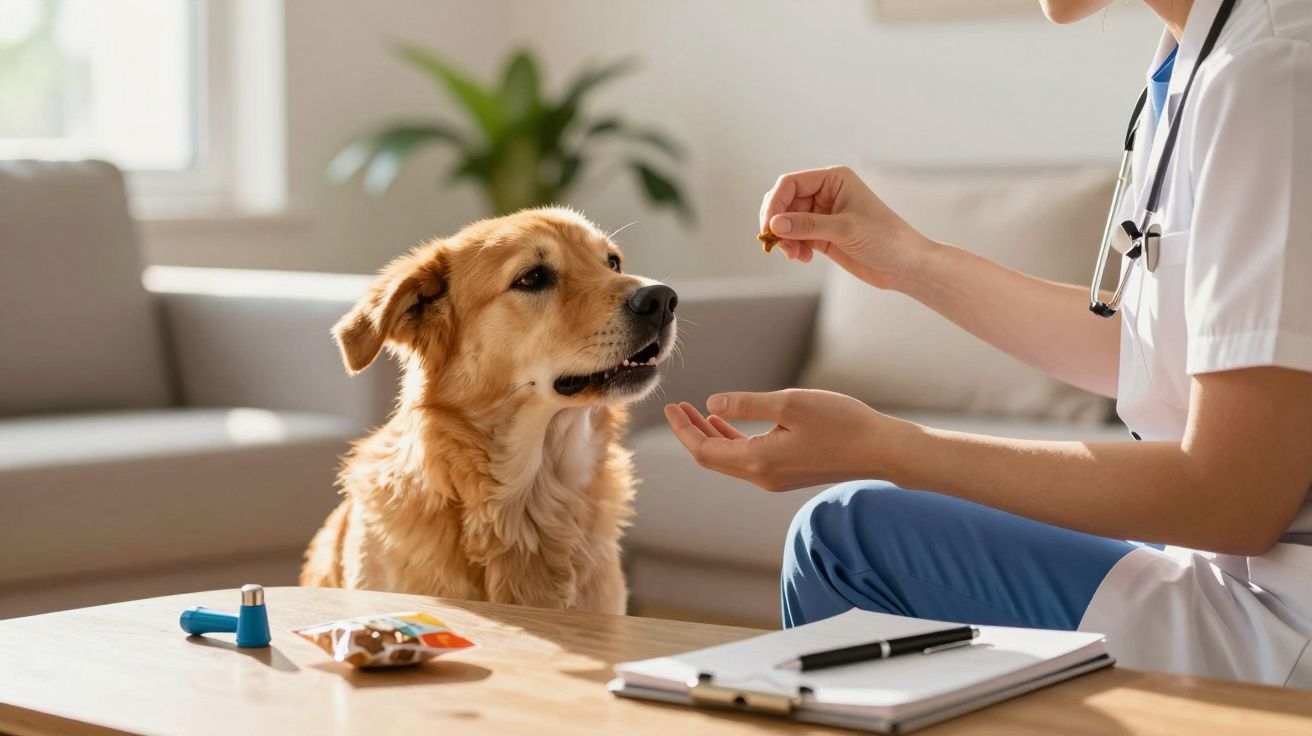 Veterinária oferece petisco a um cachorro dourado em uma sala, com estetoscópio no pescoço e bloco de notas na mesa.