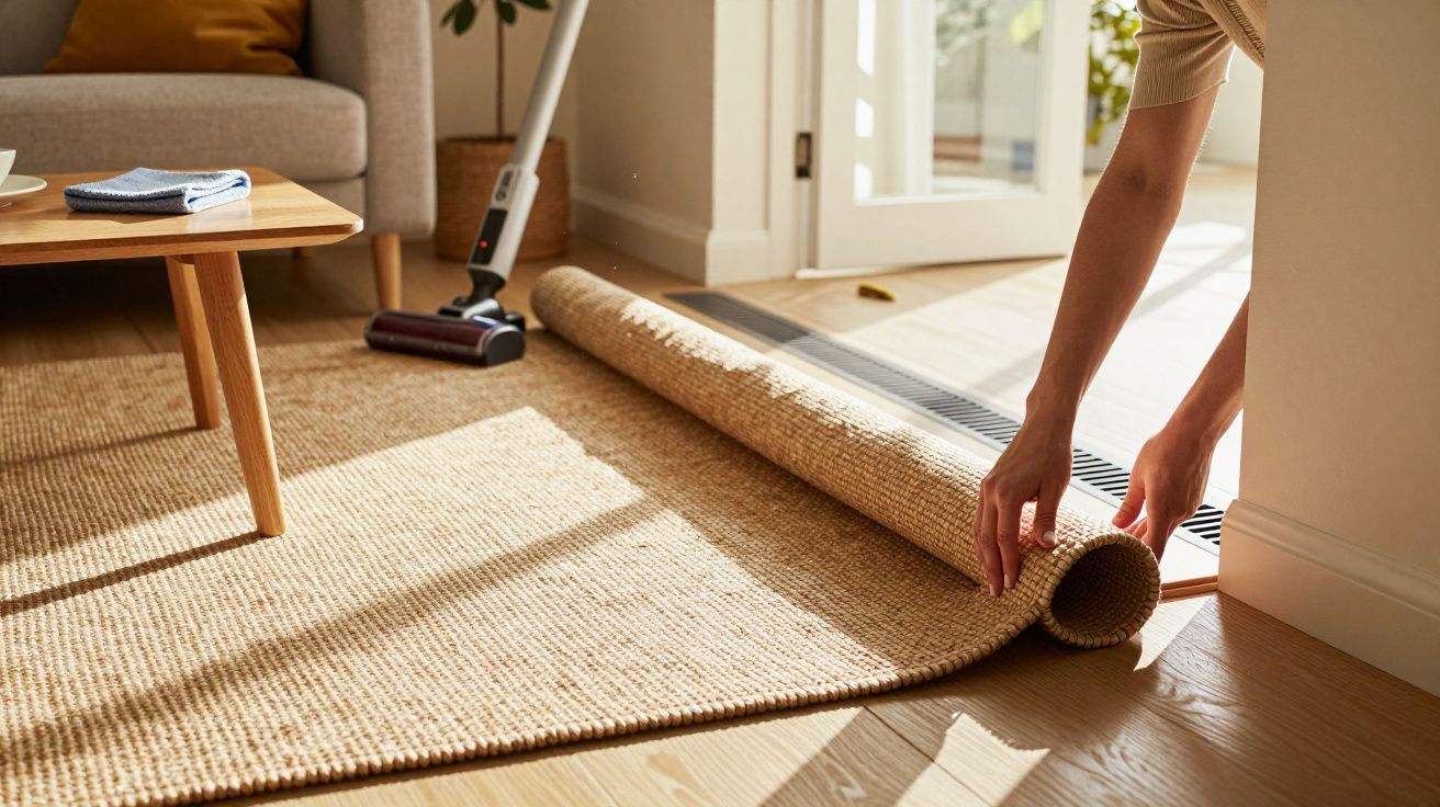 Pessoa enrolando um tapete no chão de madeira, com aspirador de pó ao lado e cortinas deixando entrar luz natural.