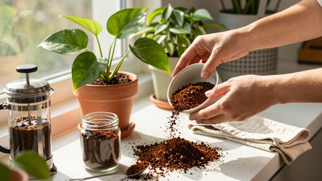 Mãos despejando borra de café em uma superfície ao lado de plantas em vasos e prensa francesa.