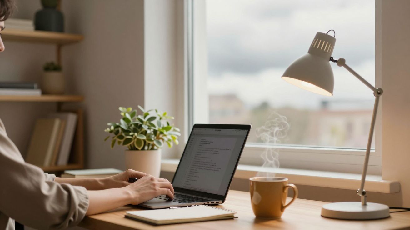 Pessoa trabalhando no laptop em mesa de madeira, com planta, abajur e xícara de café ao lado, em ambiente iluminado.