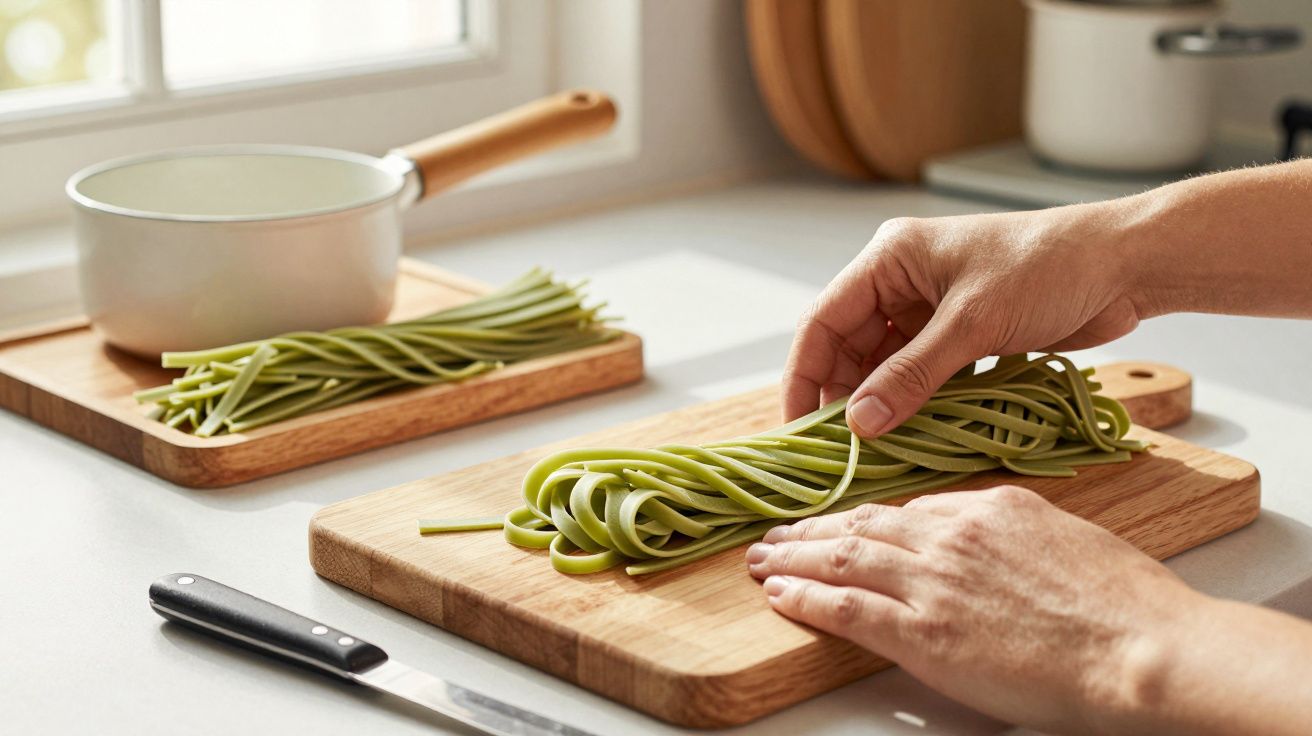Mãos arrumando macarrão verde em tábua de madeira, panela ao fundo em cozinha clara.