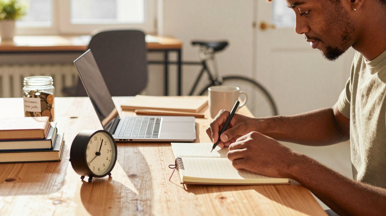 Homem escrevendo em caderno em mesa de madeira com laptop, relógio, livros e xícara ao lado. Bicicleta ao fundo.