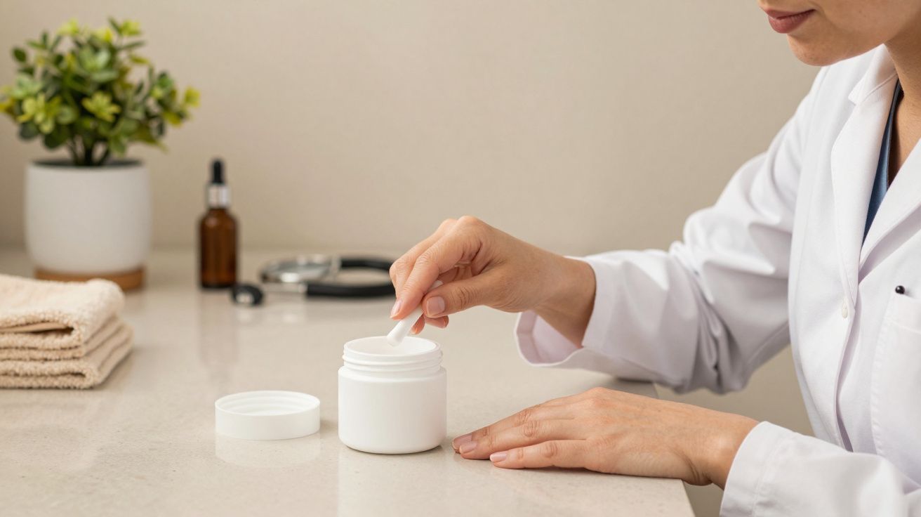 Pessoa de jaleco pegando creme de pote branco em bancada, com toalhas e planta ao fundo.