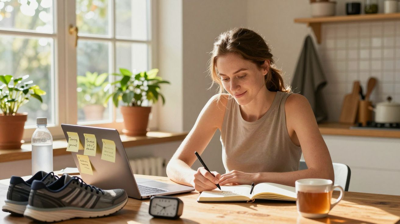 Mulher escrevendo em caderno à mesa, com laptop, tênis e chá. Ambiente iluminado com plantas e janela ao fundo.