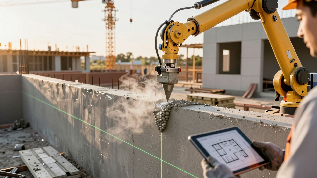 Robô aplica concreto em parede de construção, enquanto trabalhador visualiza planta em tablet.
