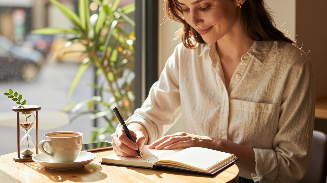 Mulher escrevendo em caderno perto de uma xícara de café e ampulheta em mesa ao lado de janela iluminada pelo sol.
