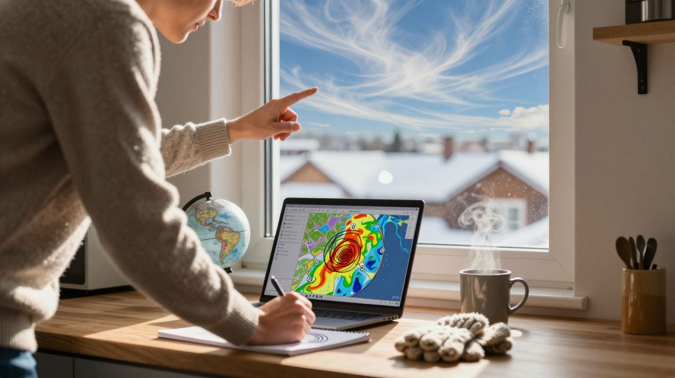 Pessoa analisando mapa meteorológico em notebook perto de janela. Mesa com globo e caneca fumegante.