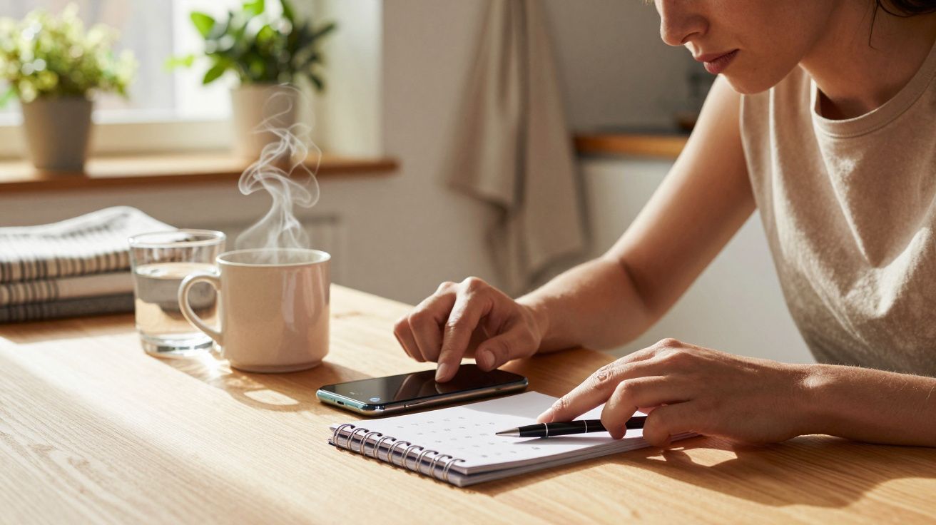 Mulher anotando em caderno com celular ao lado, em mesa de madeira com xícara, copo d'água e plantas ao fundo.
