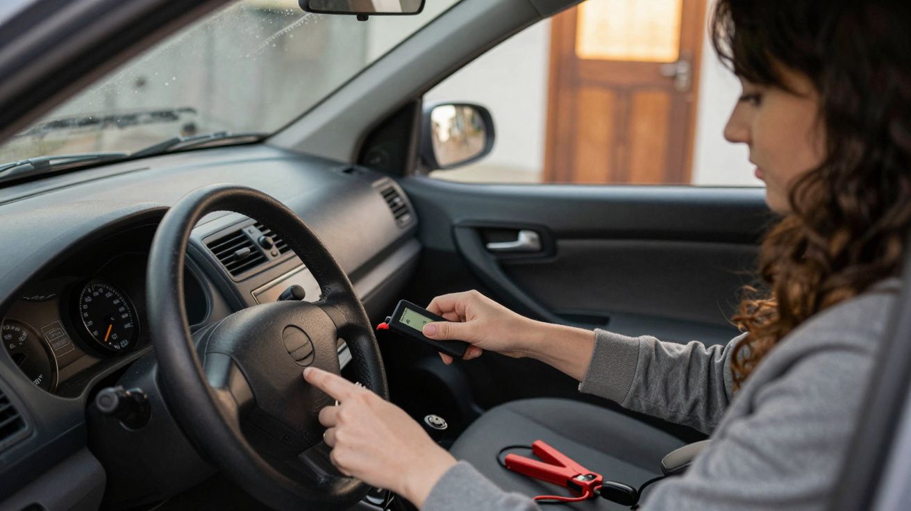 Mulher dentro de um carro usando um dispositivo eletrônico na ignição, com o volante e painel visíveis.